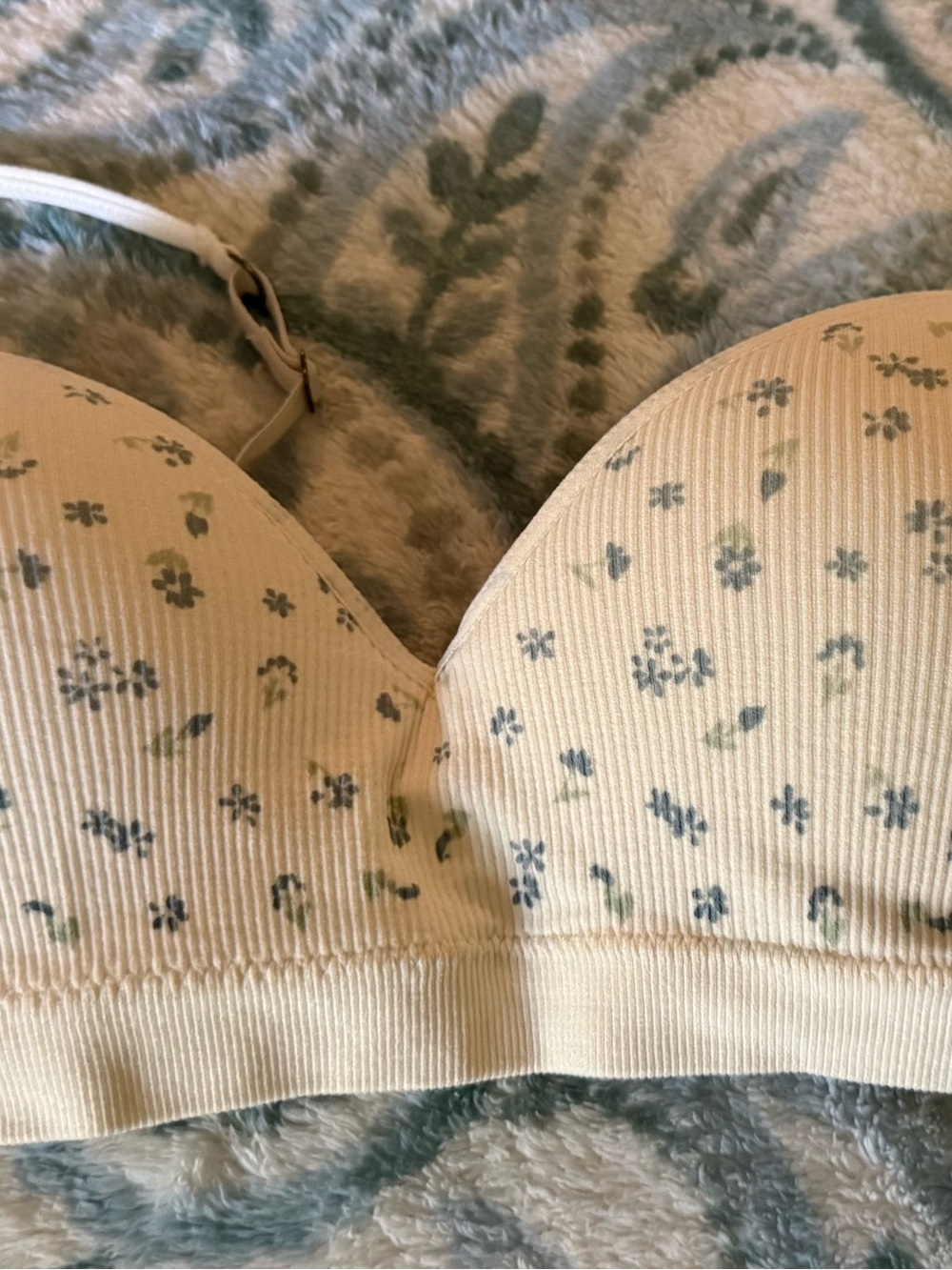 Lucky Brand Cream Ribbed Floral Molded Bra with Green & Blue Flowers 38C